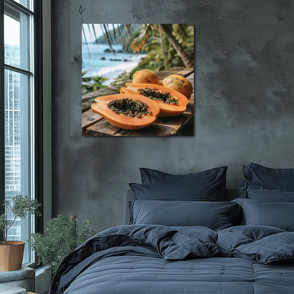 Fresh Papaya Halves Tropical Beach Background – Wall Art