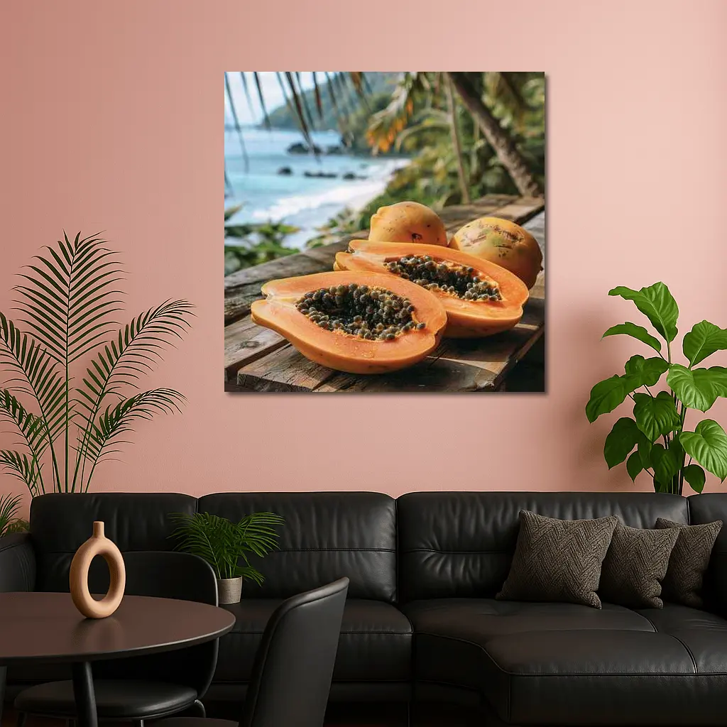 Fresh Papaya Halves Tropical Beach Background – Wall Art