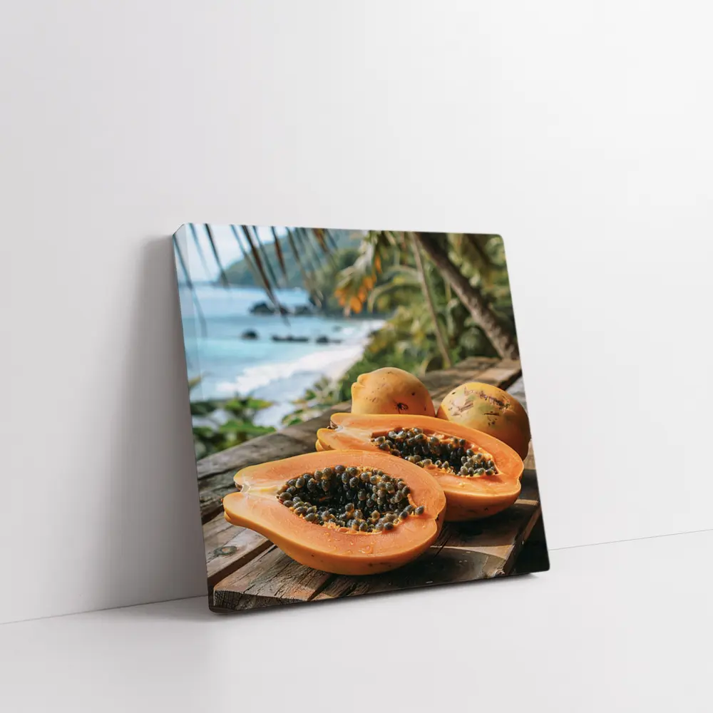 Fresh Papaya Halves Tropical Beach Background – Wall Art