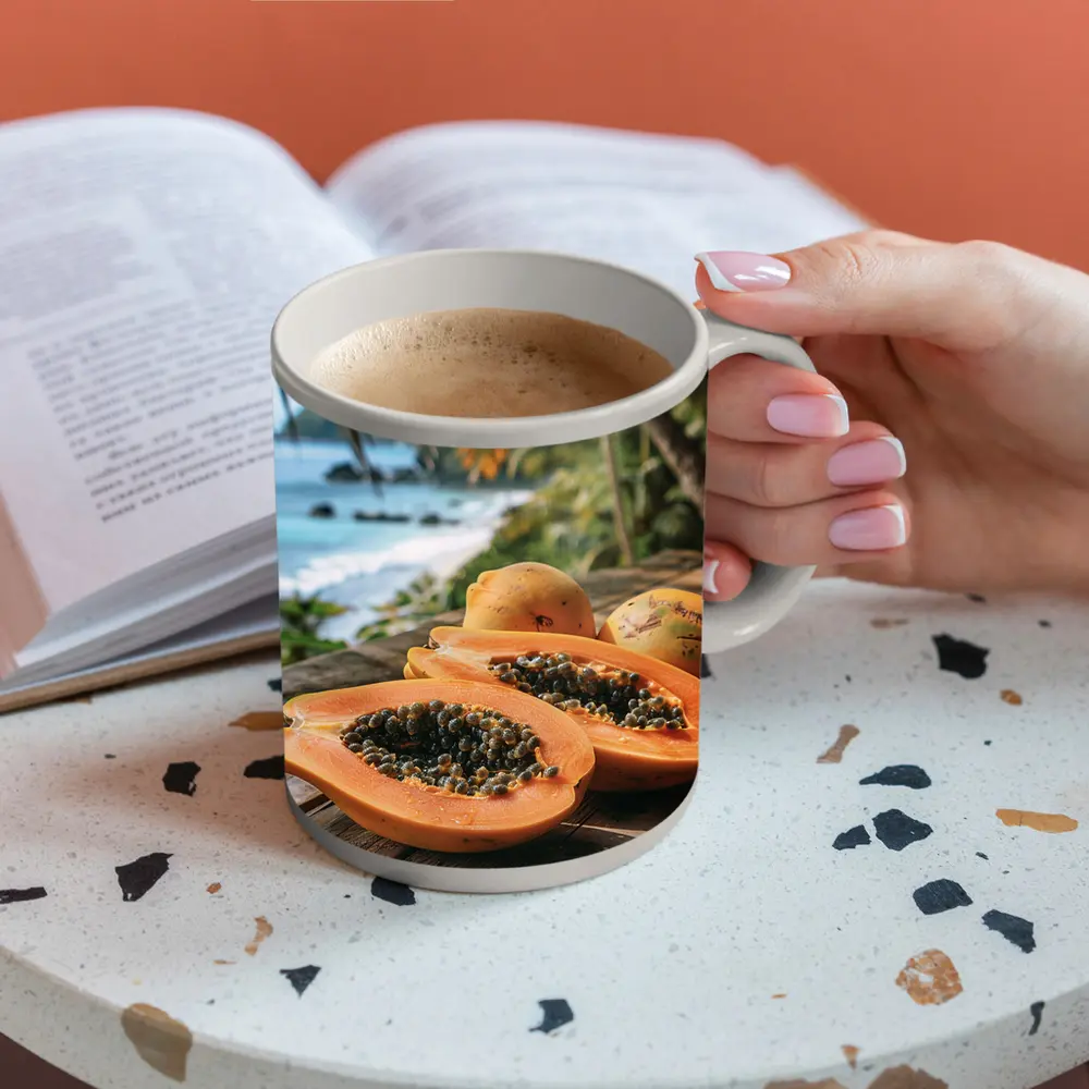 Fresh Papaya Halves Tropical Beach Background – Mugs