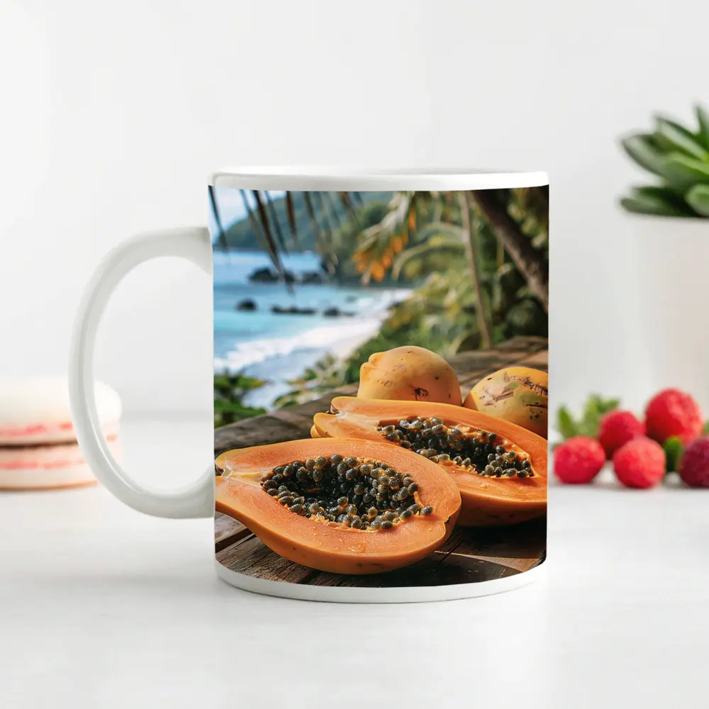 Fresh Papaya Halves Tropical Beach Background – Mugs
