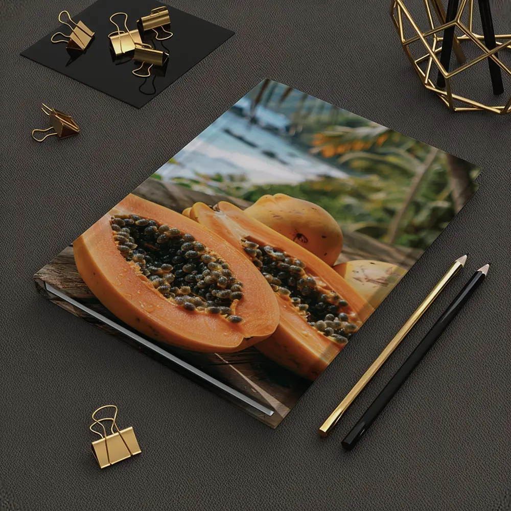 Fresh Papaya Halves Tropical Beach Background – Notebooks