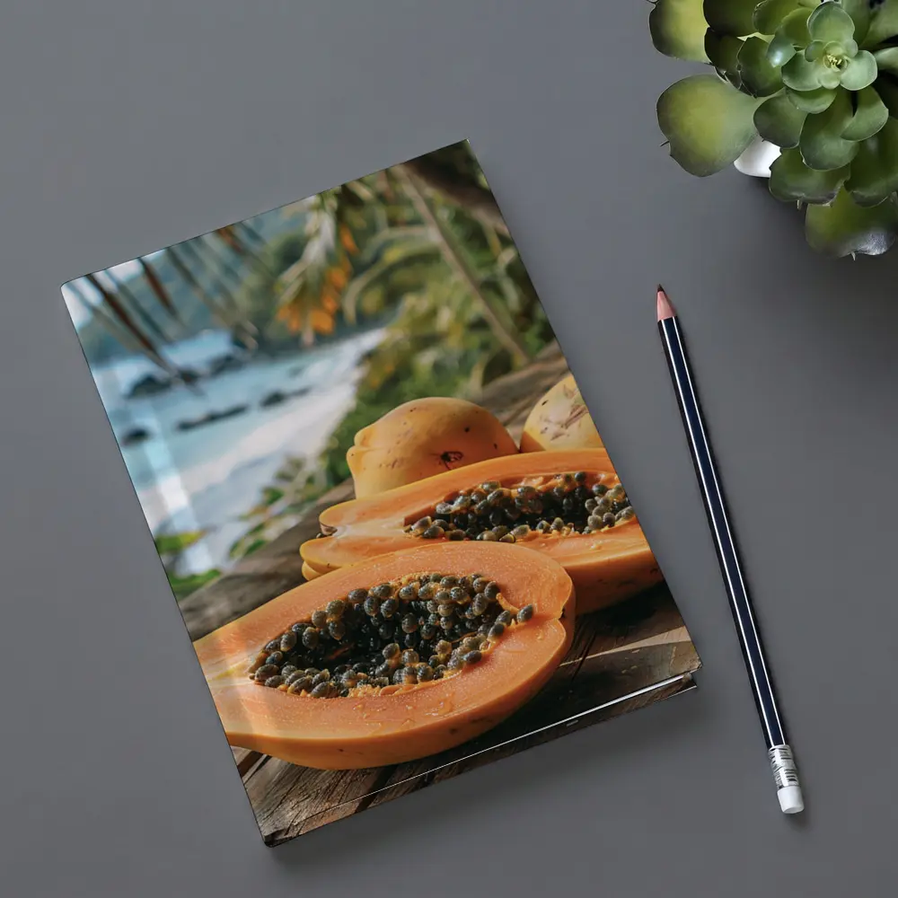 Fresh Papaya Halves Tropical Beach Background – Notebooks
