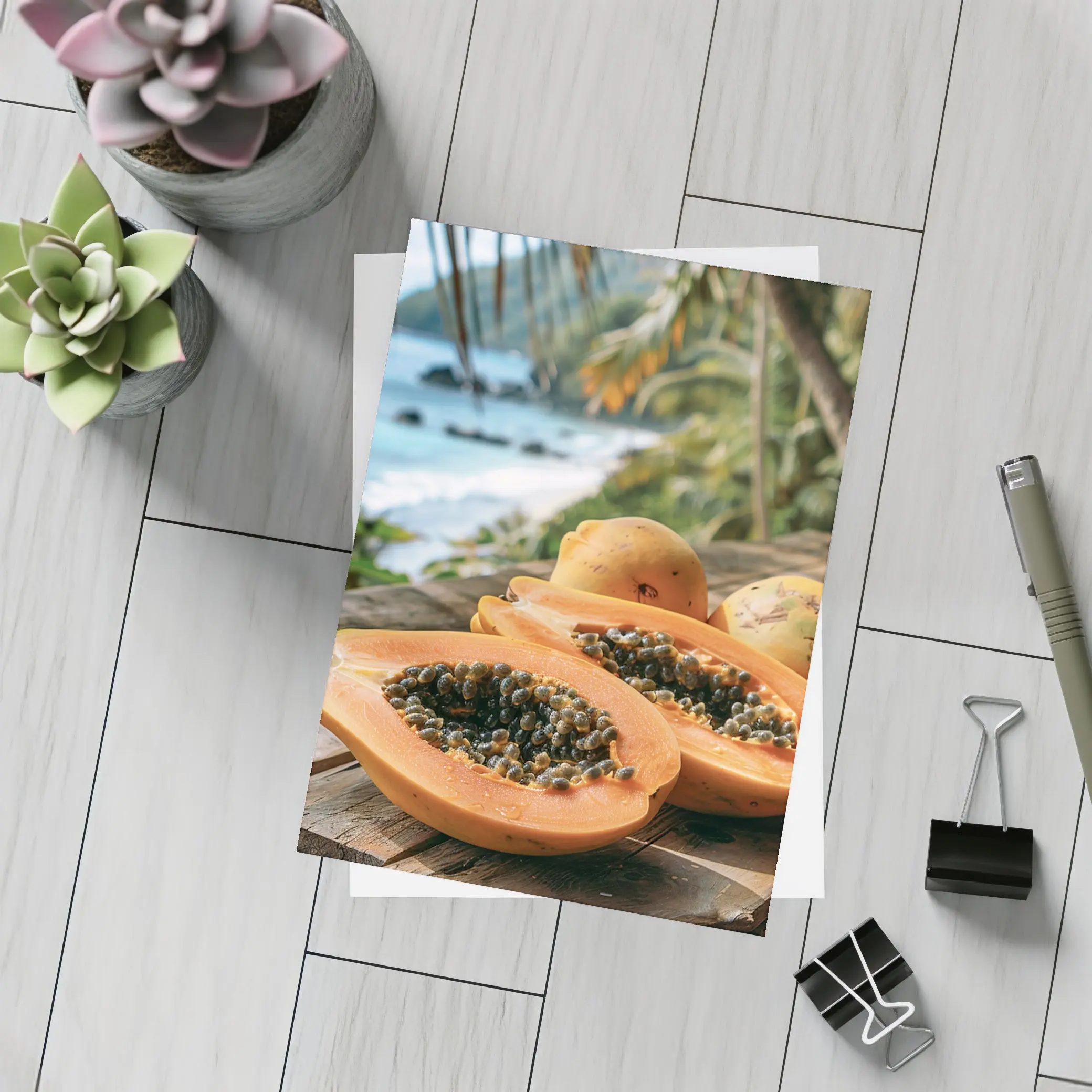 Fresh Papaya Halves Tropical Beach Background – Postcards