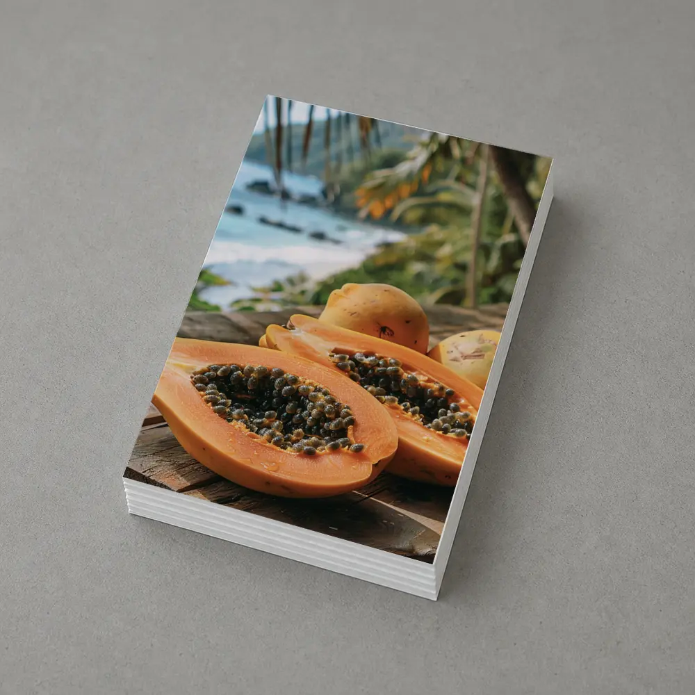 Fresh Papaya Halves Tropical Beach Background – Postcards