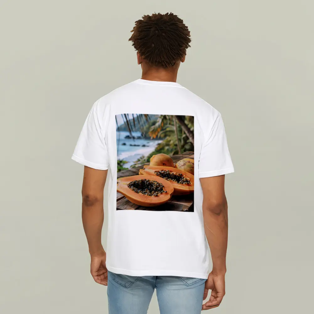Fresh Papaya Halves Tropical Beach Background – T-Shirts