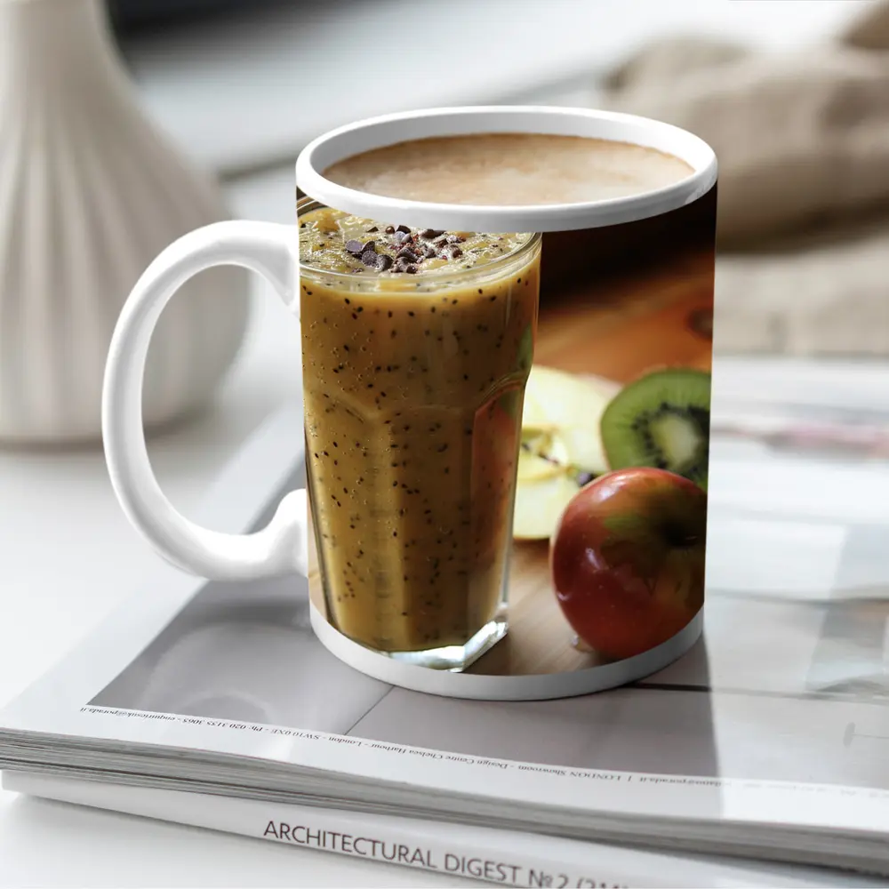 Kiwi Apple Smoothie on Wooden Table – Mugs
