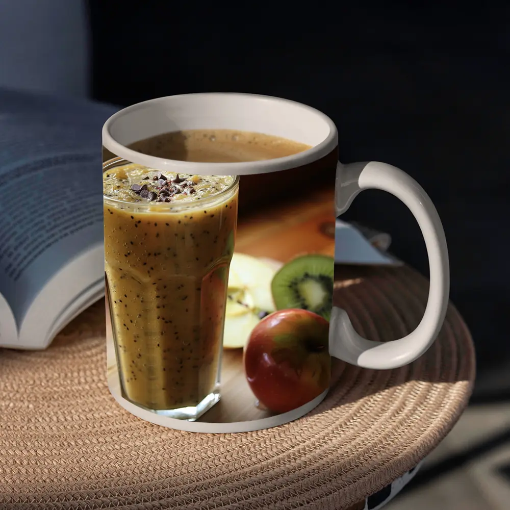 Kiwi Apple Smoothie on Wooden Table – Mugs