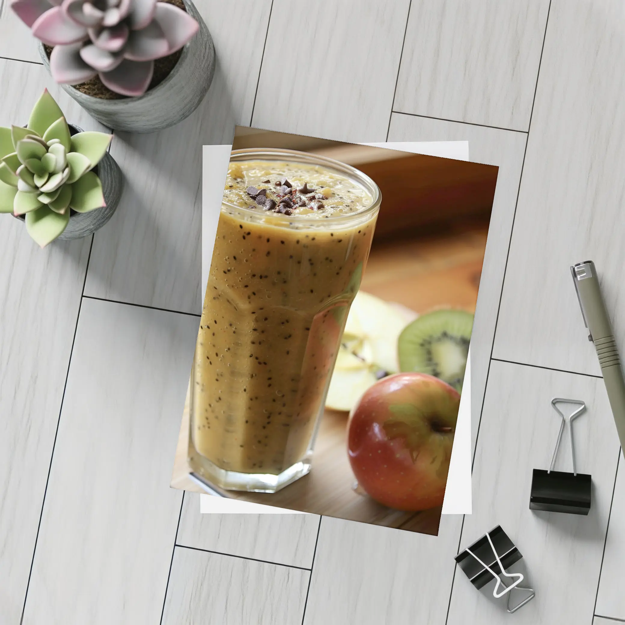 Kiwi Apple Smoothie on Wooden Table – Postcards