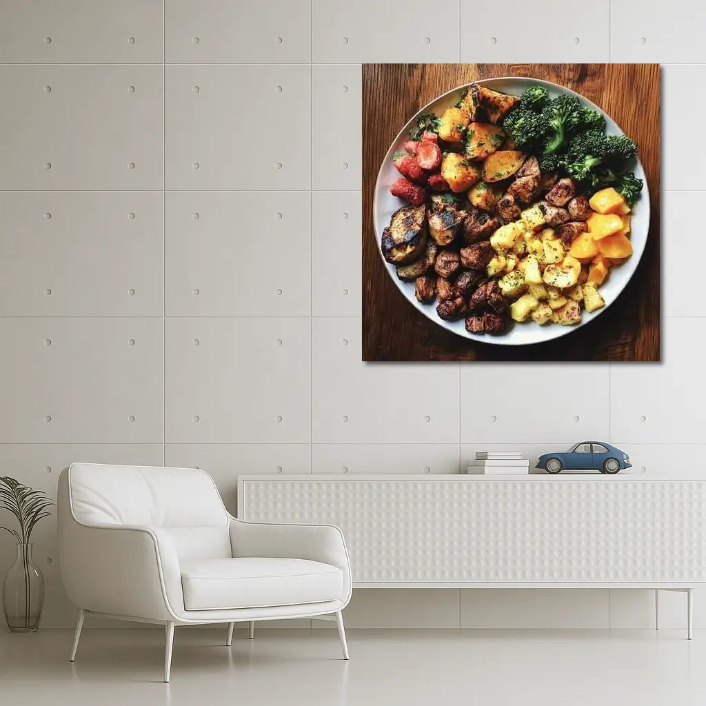 Grilled Meat Bowl Broccoli Potatoes Mango Plate – Wall Art