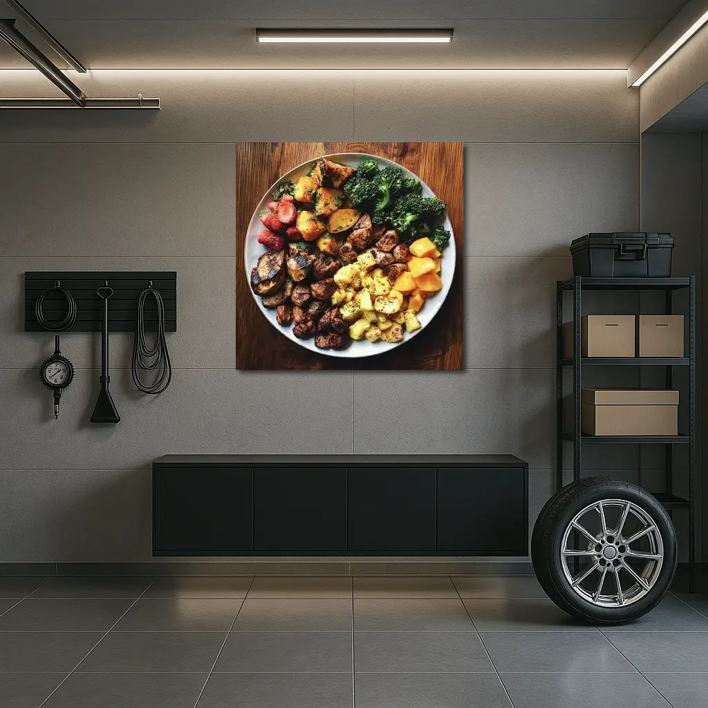 Grilled Meat Bowl Broccoli Potatoes Mango Plate – Wall Art