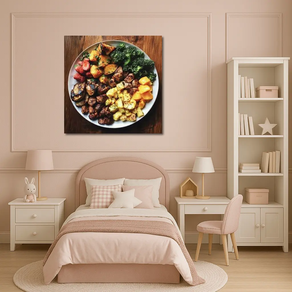 Grilled Meat Bowl Broccoli Potatoes Mango Plate – Wall Art