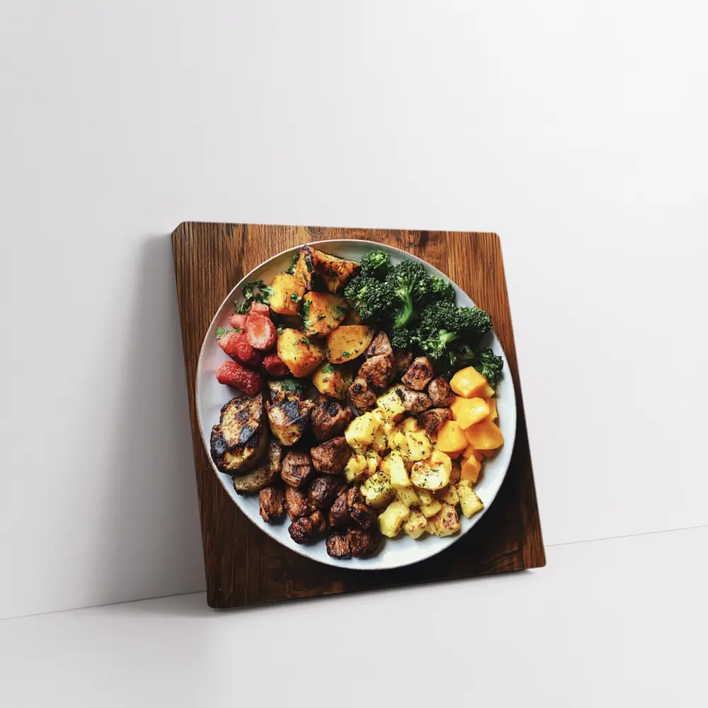 Grilled Meat Bowl Broccoli Potatoes Mango Plate – Wall Art