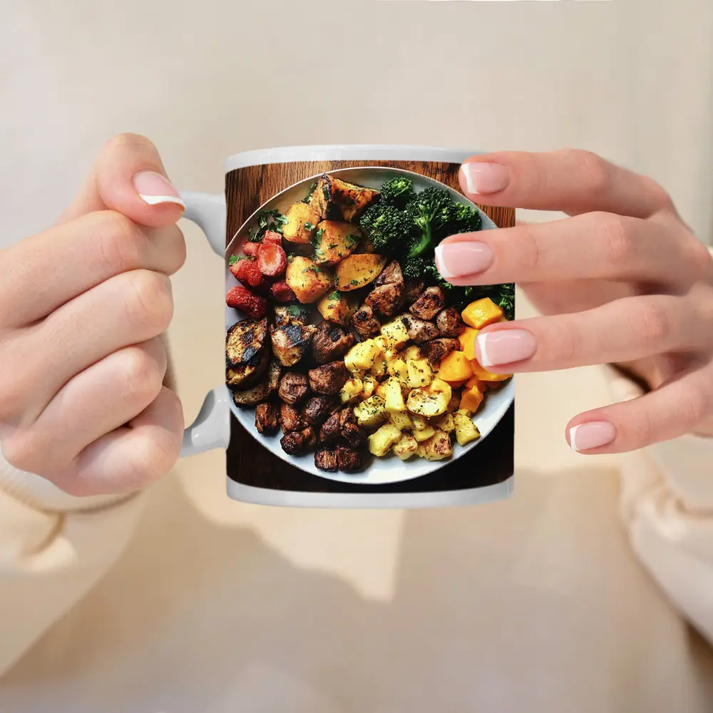 Grilled Meat Bowl Broccoli Potatoes Mango Plate – Mugs