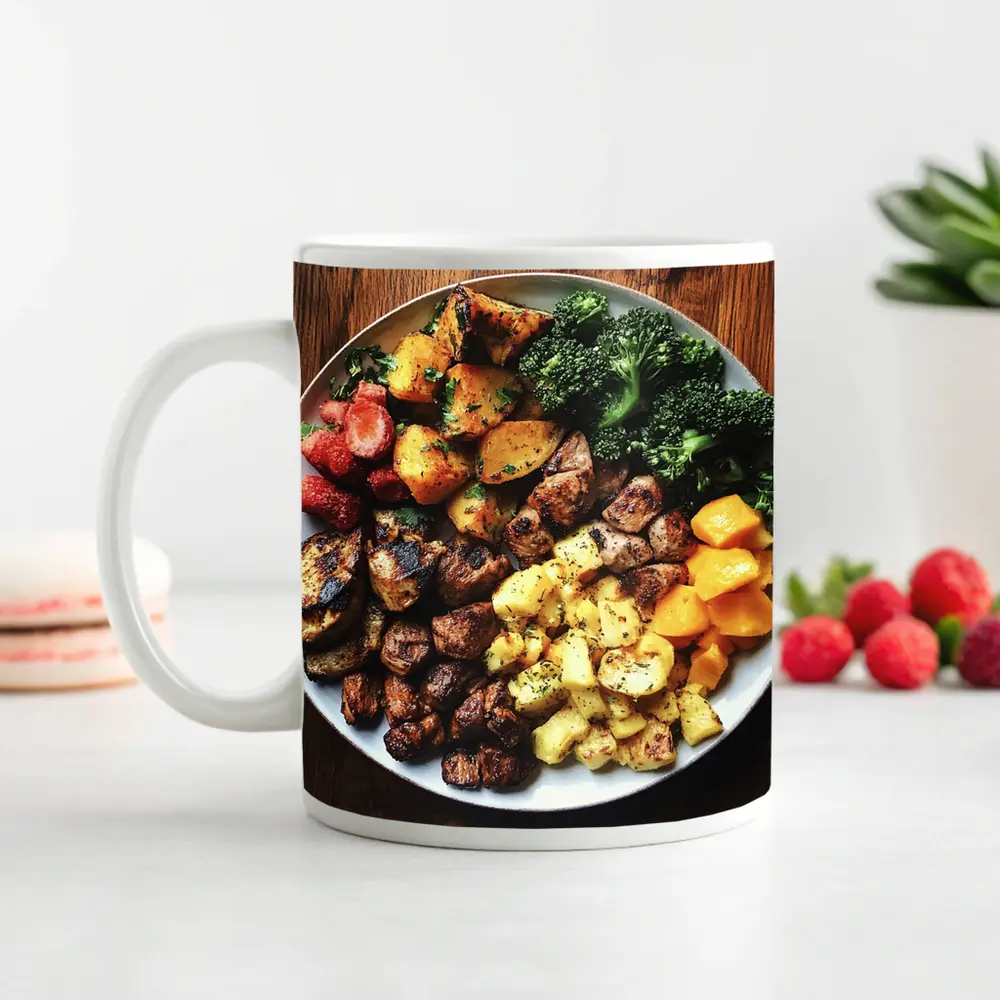 Grilled Meat Bowl Broccoli Potatoes Mango Plate – Mugs