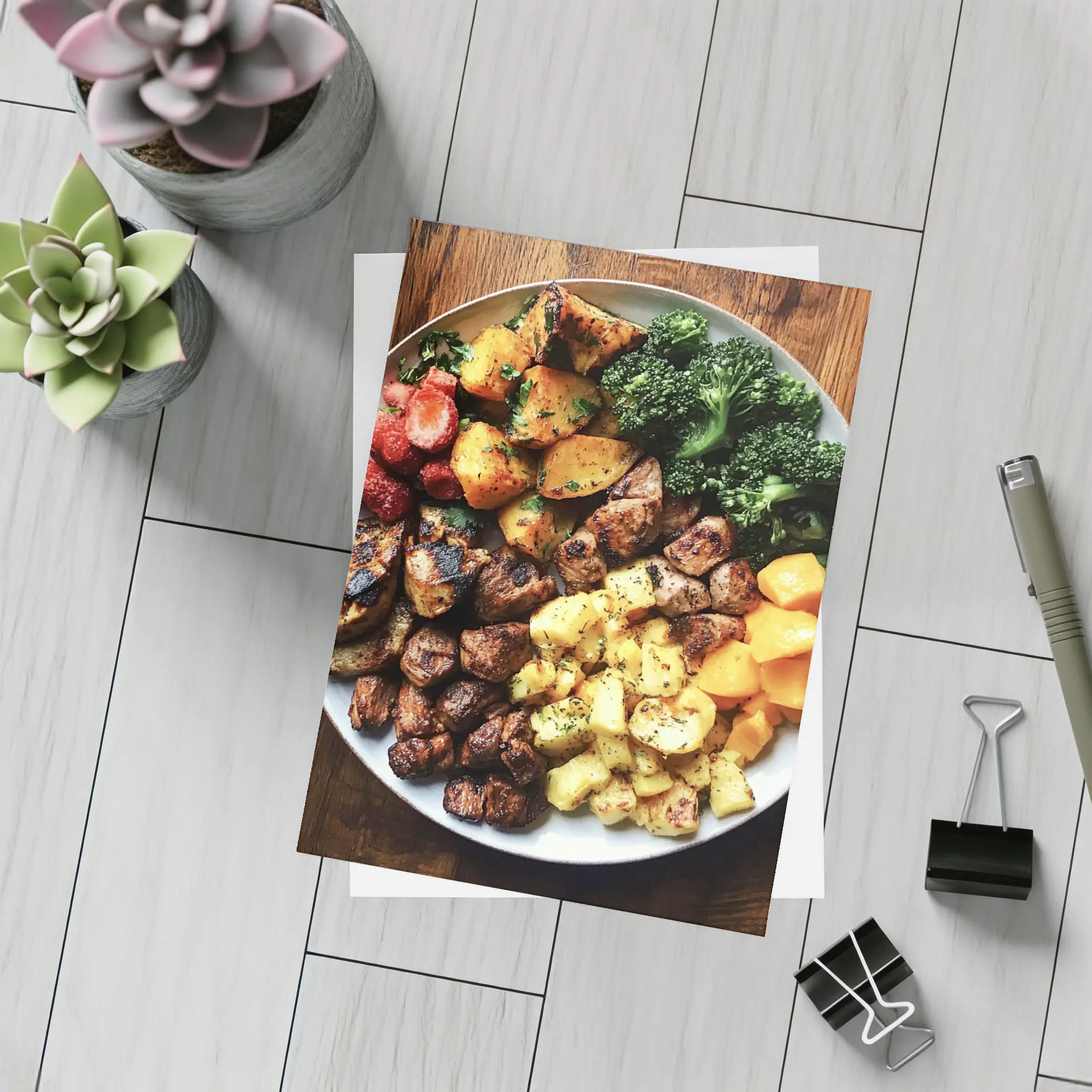 Grilled Meat Bowl Broccoli Potatoes Mango Plate – Postcards