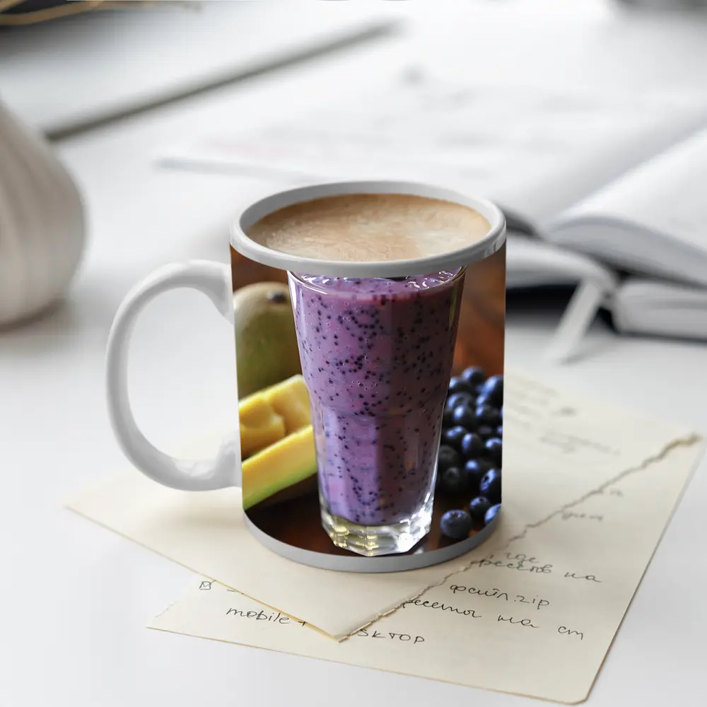 Blueberry Mango Smoothie on Wooden Table – Mugs