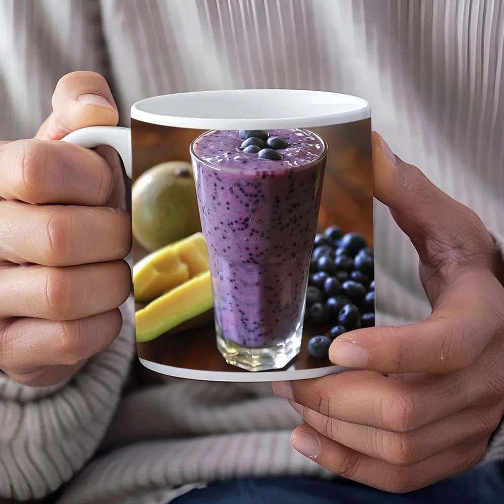 Blueberry Mango Smoothie on Wooden Table – Mugs