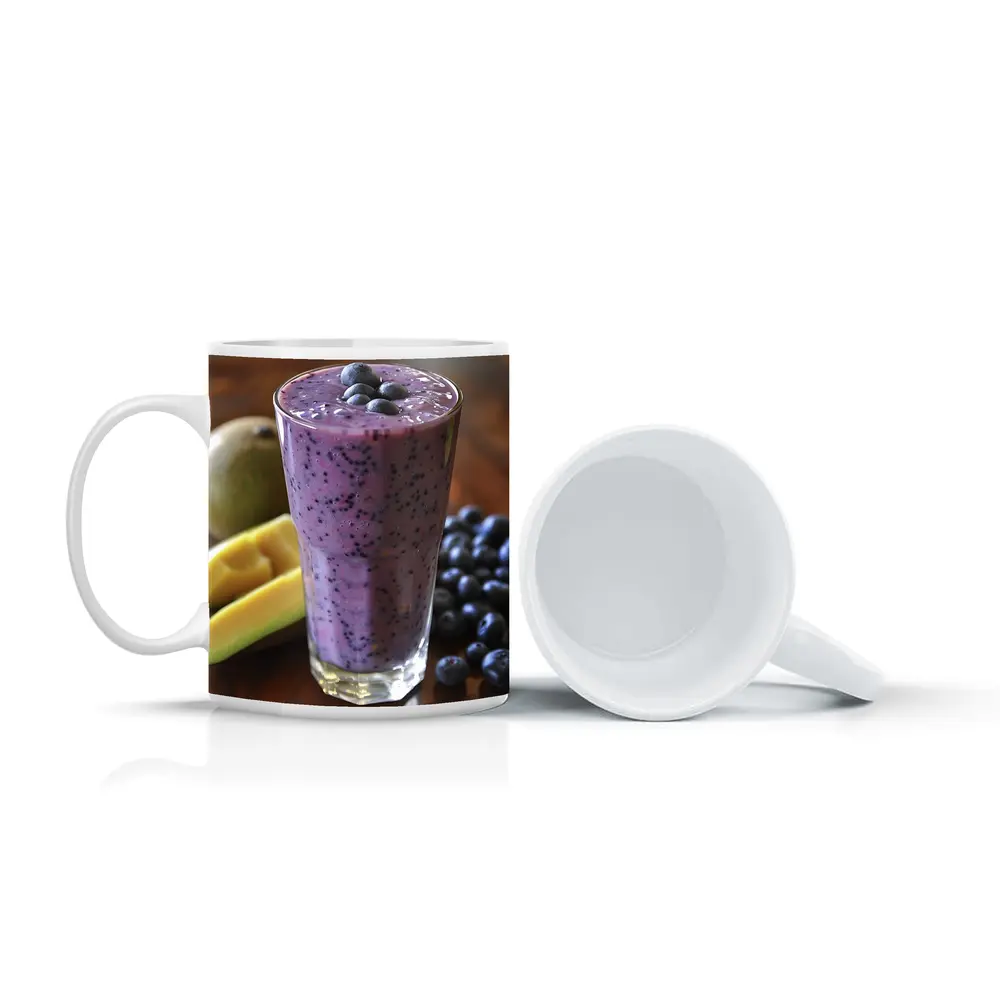 Blueberry Mango Smoothie on Wooden Table – Mugs