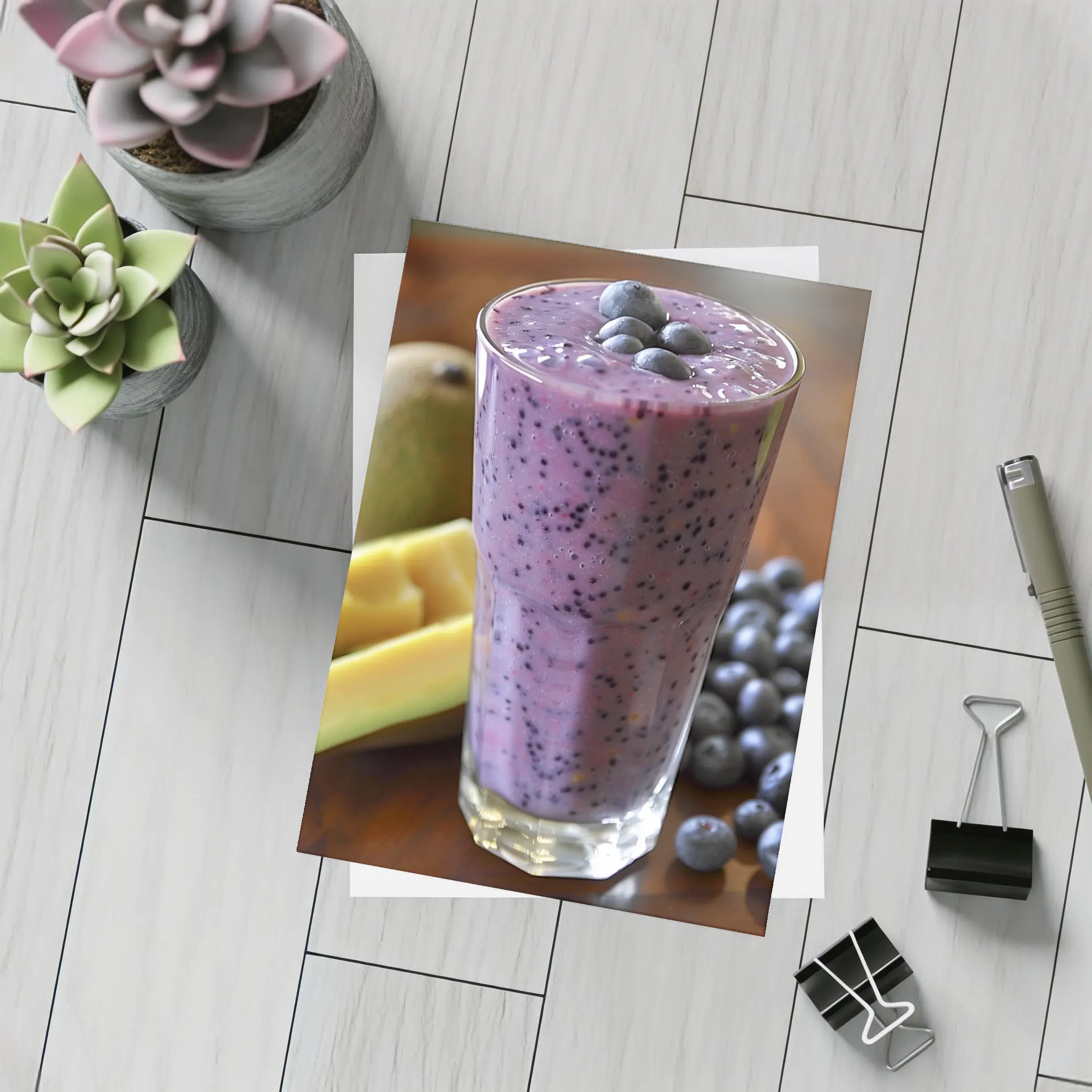 Blueberry Mango Smoothie on Wooden Table – Postcards