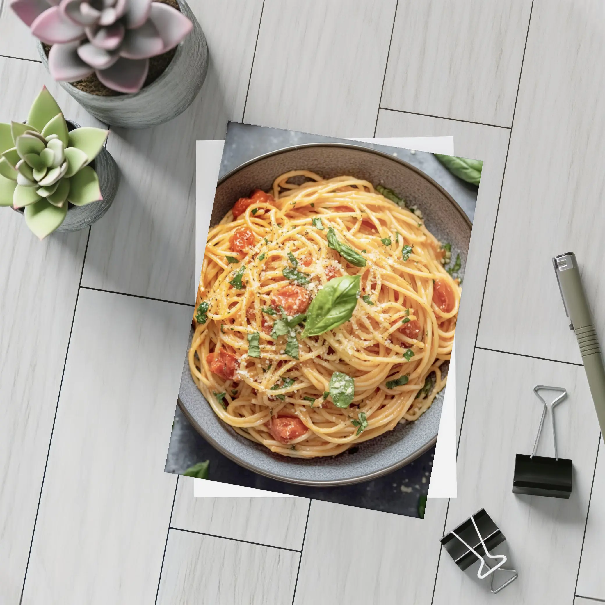 Spaghetti Tomato Basil Parmesan Dark Bowl – Postcards
