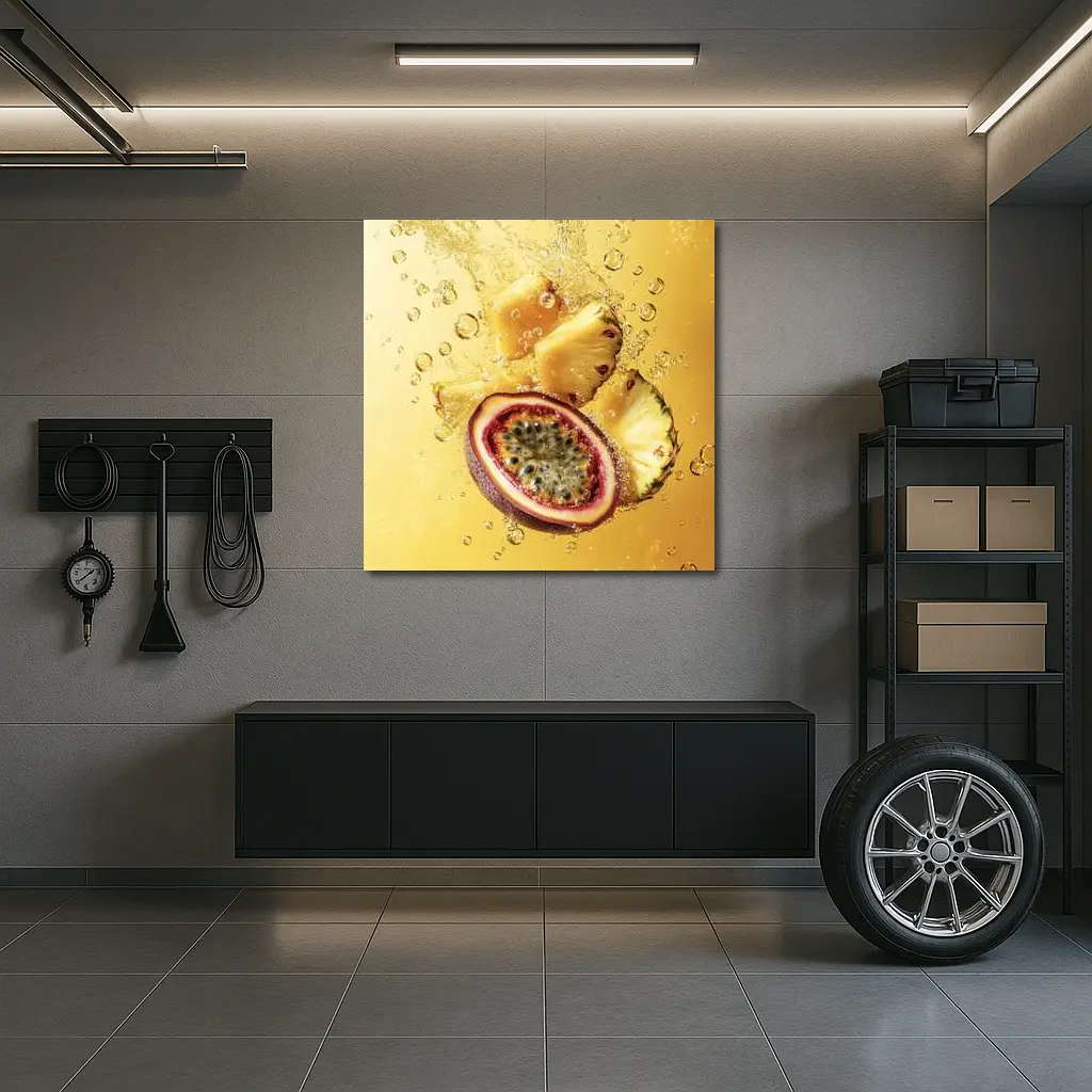 Passion Fruit Pineapple Splash Golden Background – Wall Art