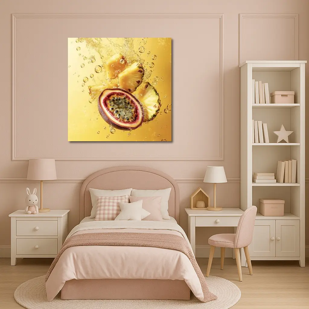 Passion Fruit Pineapple Splash Golden Background – Wall Art