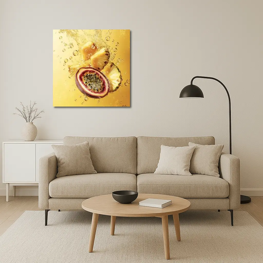 Passion Fruit Pineapple Splash Golden Background – Wall Art