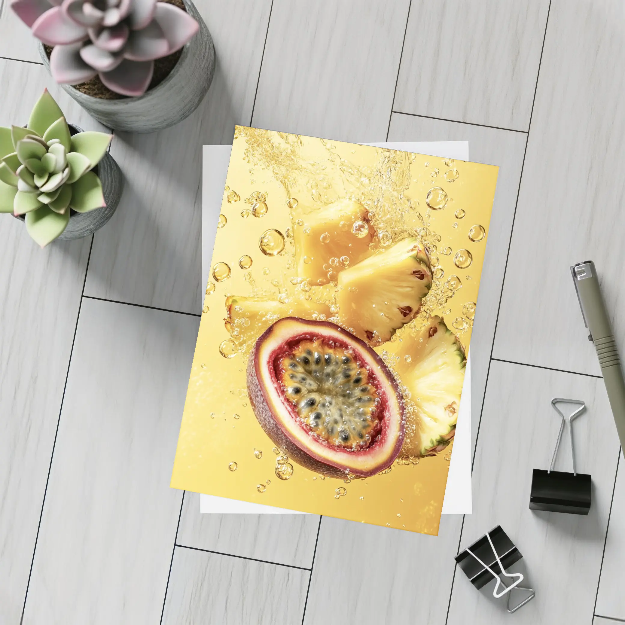 Passion Fruit Pineapple Splash Golden Background – Postcards