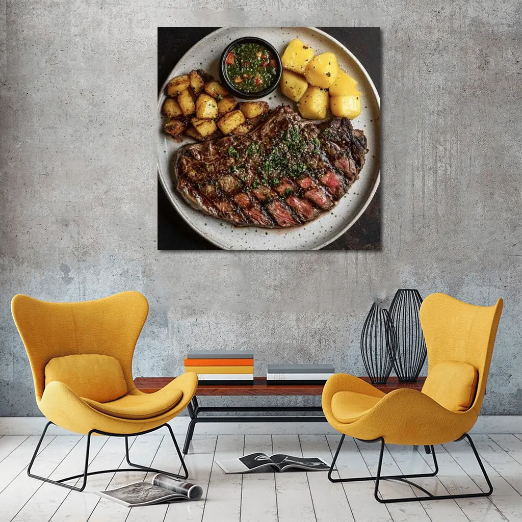 Grilled Ribeye Steak Chimichurri Roasted Potatoes Plate – Wall Art