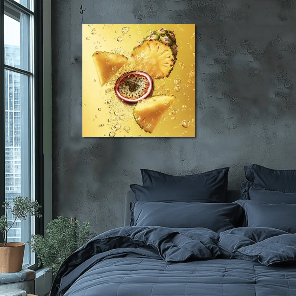 Pineapple Passion Fruit Splash Yellow Background – Wall Art