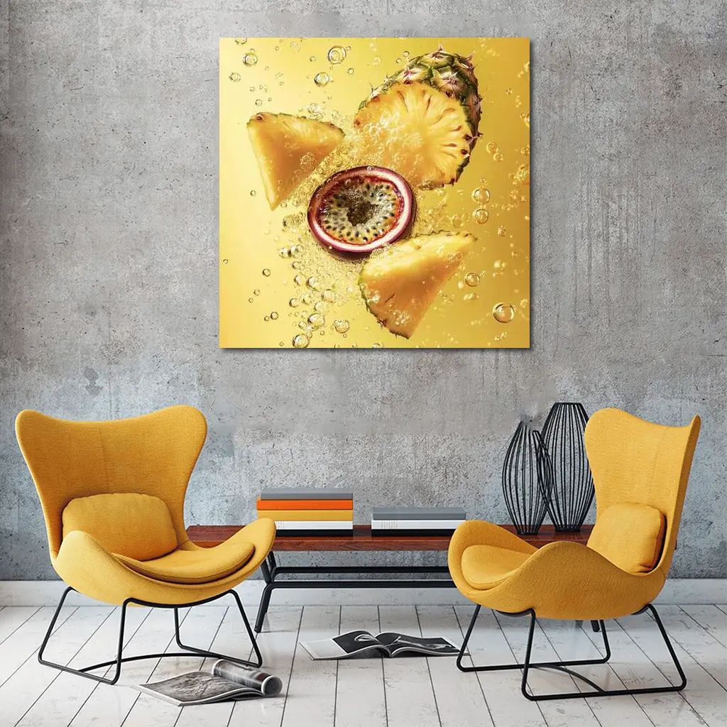 Pineapple Passion Fruit Splash Yellow Background – Wall Art