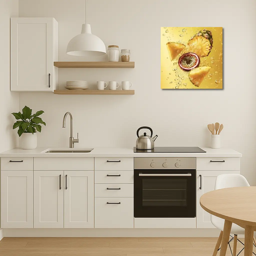 Pineapple Passion Fruit Splash Yellow Background – Wall Art