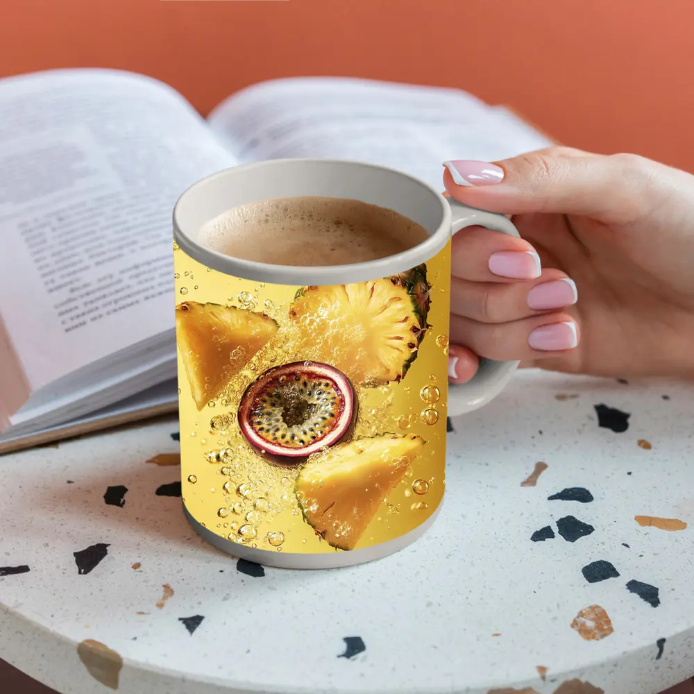 Pineapple Passion Fruit Splash Yellow Background – Mugs