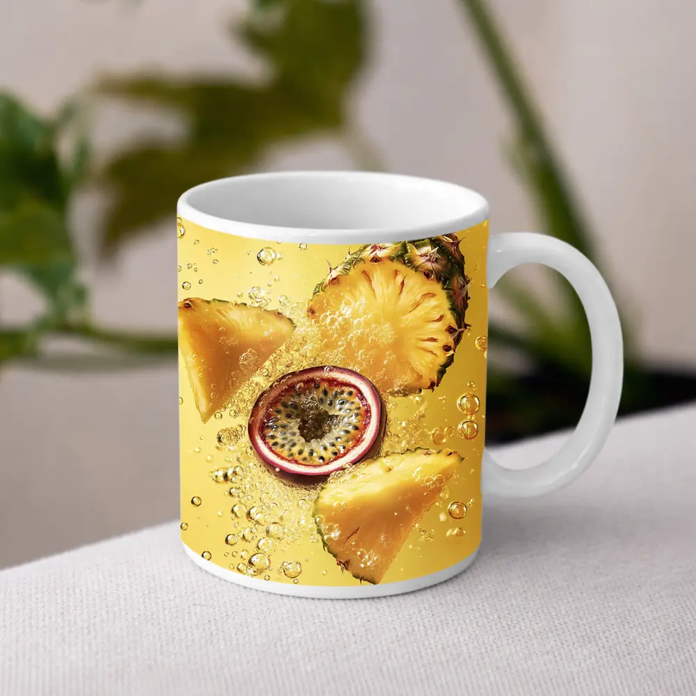 Pineapple Passion Fruit Splash Yellow Background – Mugs