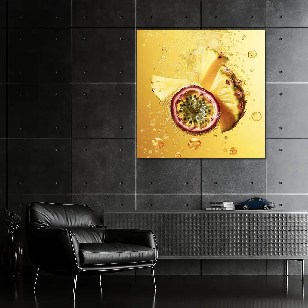 Pineapple Passion Fruit Splash Golden Background – Wall Art