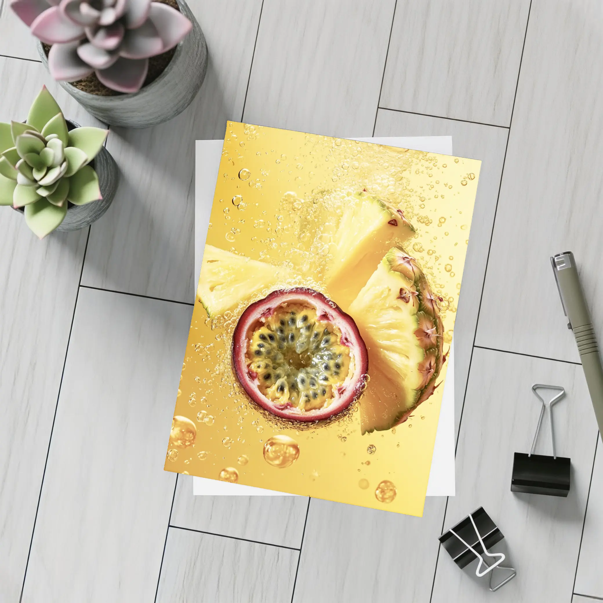 Pineapple Passion Fruit Splash Golden Background – Postcards