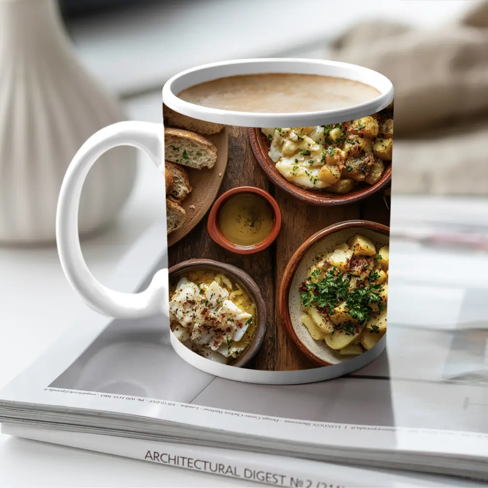 Salted Cod Potatoes Rustic Wooden Table – Mugs