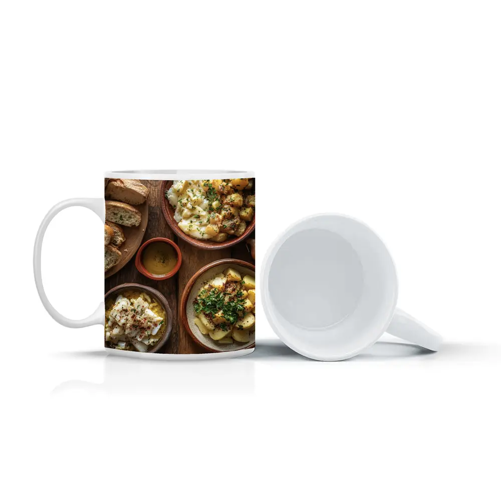 Salted Cod Potatoes Rustic Wooden Table – Mugs