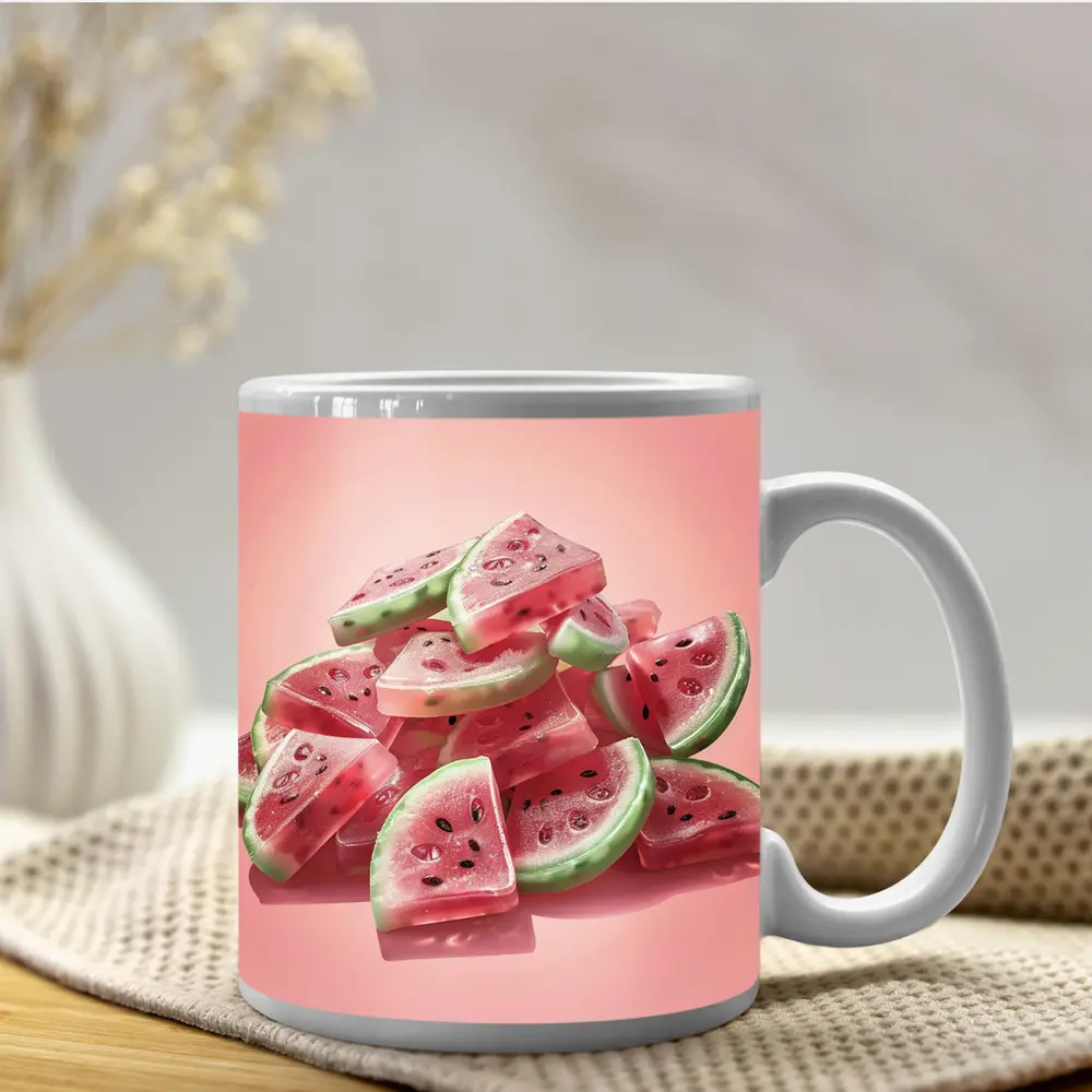 Watermelon Gummy Candy Pile Pink Background – Mugs