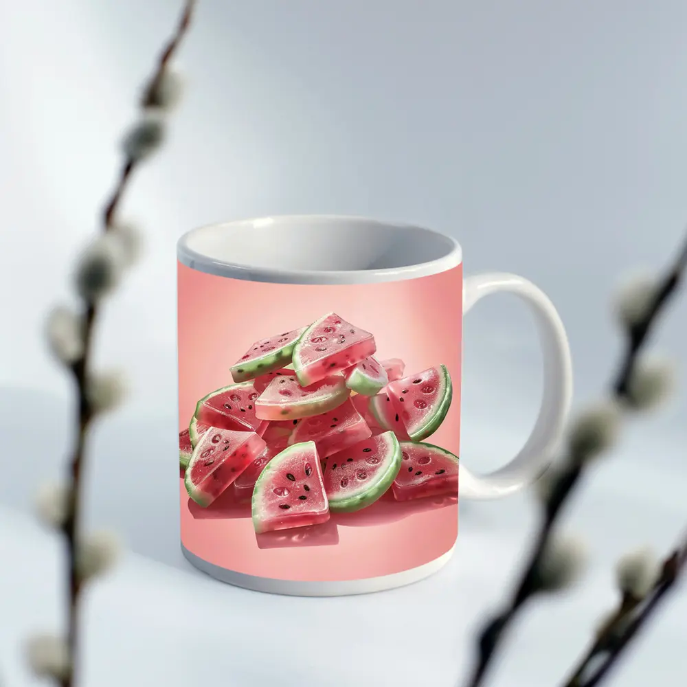 Watermelon Gummy Candy Pile Pink Background – Mugs