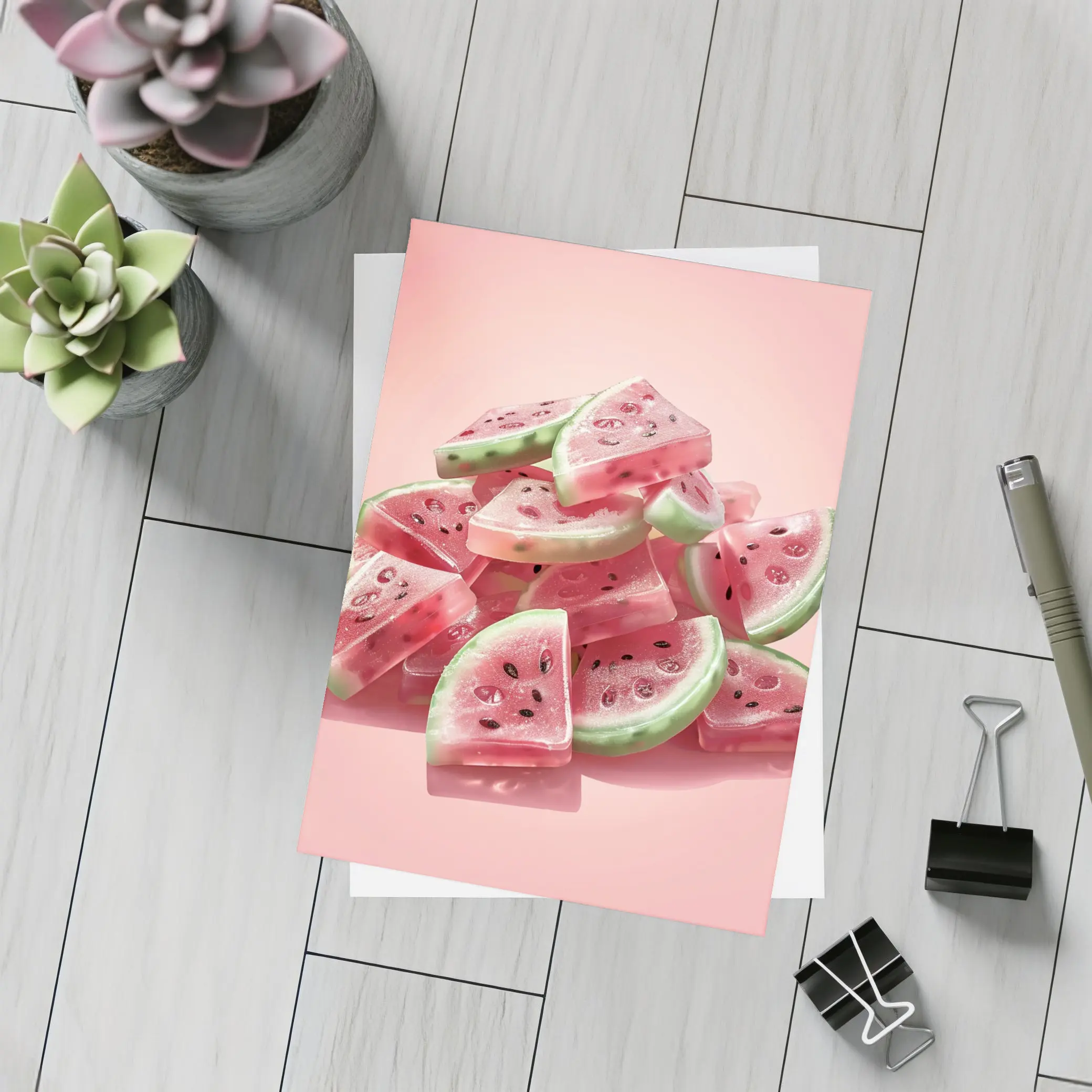 Watermelon Gummy Candy Pile Pink Background – Postcards