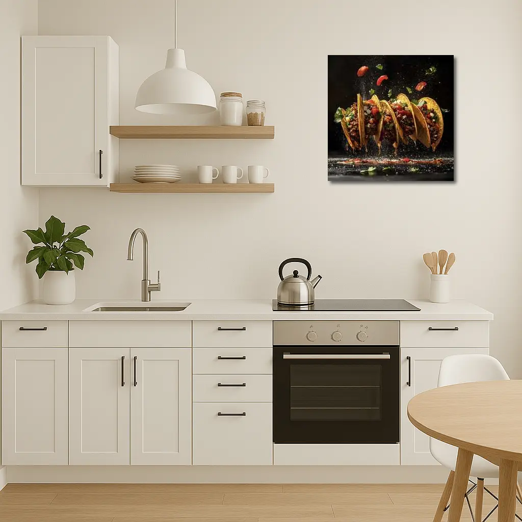 Crispy Beef Tacos Flying Dark Background – Wall Art