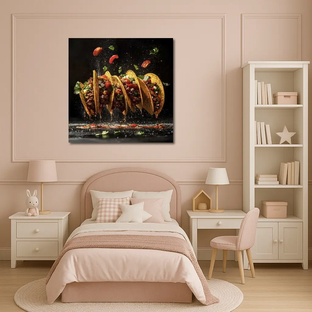 Crispy Beef Tacos Flying Dark Background – Wall Art
