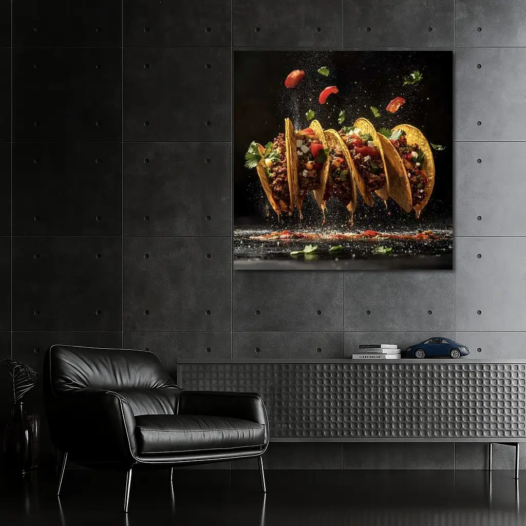 Crispy Beef Tacos Flying Dark Background – Wall Art