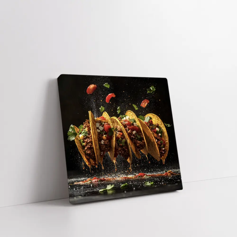 Crispy Beef Tacos Flying Dark Background – Wall Art