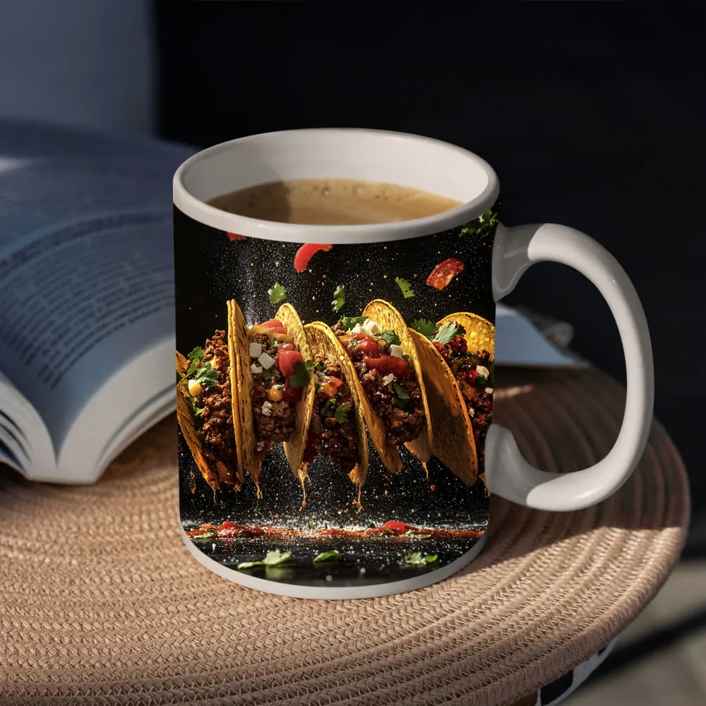 Crispy Beef Tacos Flying Dark Background – Mugs