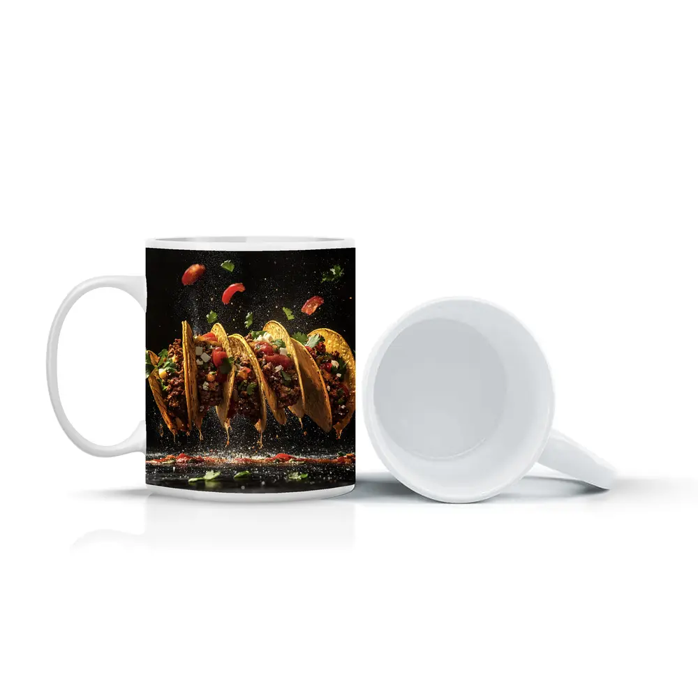 Crispy Beef Tacos Flying Dark Background – Mugs