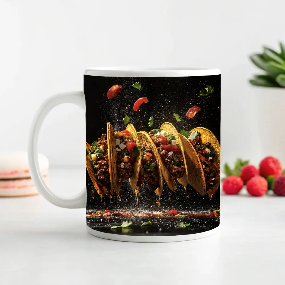 Crispy Beef Tacos Flying Dark Background – Mugs