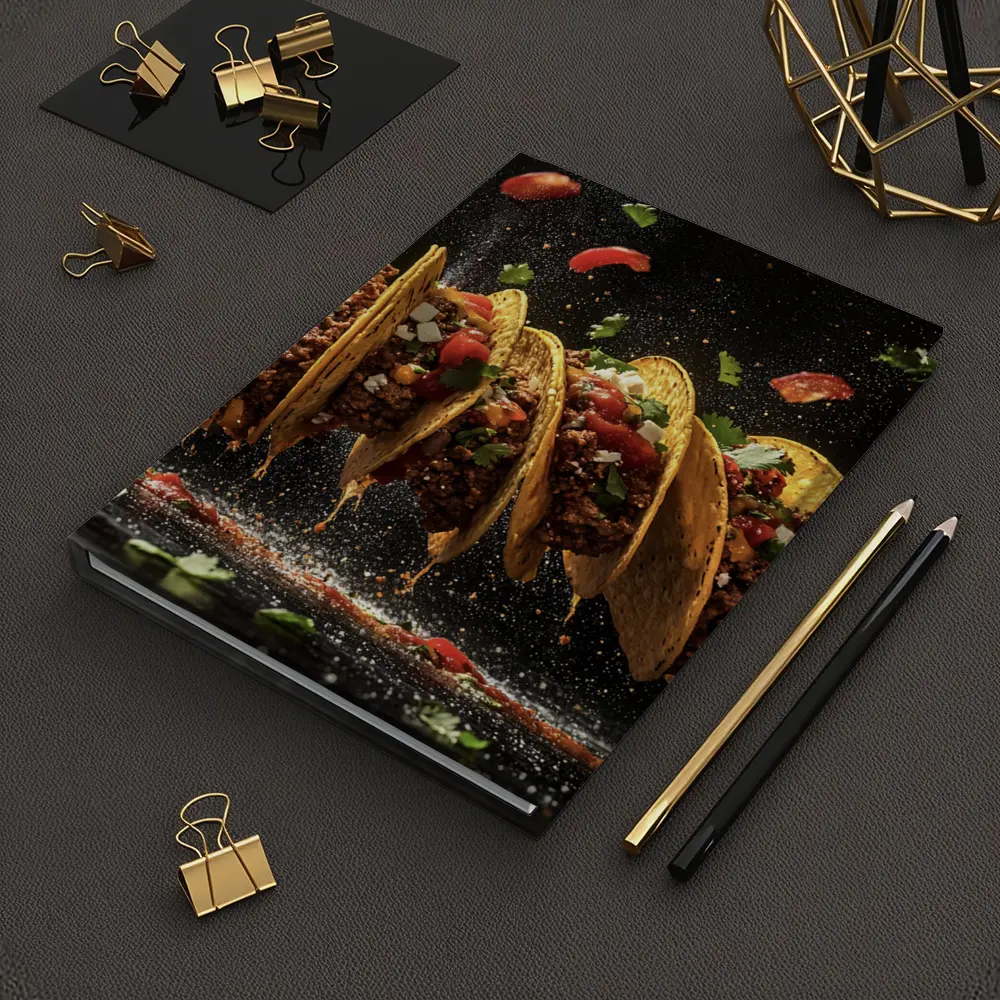 Crispy Beef Tacos Flying Dark Background – Notebooks
